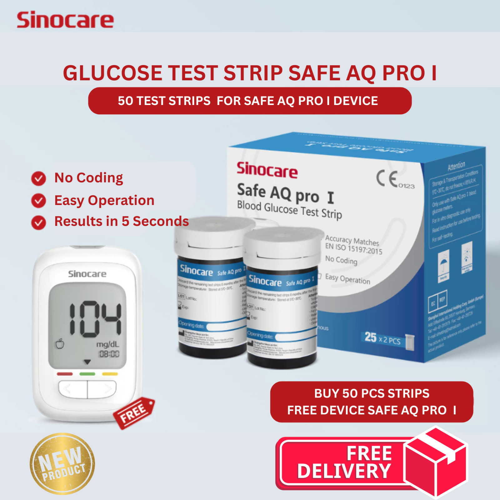 50 Strips of Blood Glucose Test Kits Sinocare FREE Safe AQ Pro I Meter NEW