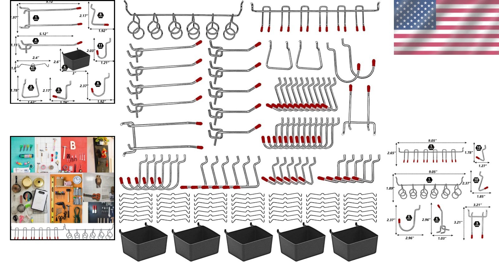 Complete Pegboard Hooks Assortment - 114 Metal Hooks & Bins for Storage