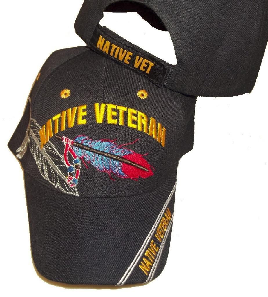 NEW NATIVE VETERAN ADJUSTABLE EMBROIDERED Vet Cap Hat feather Black Military A91