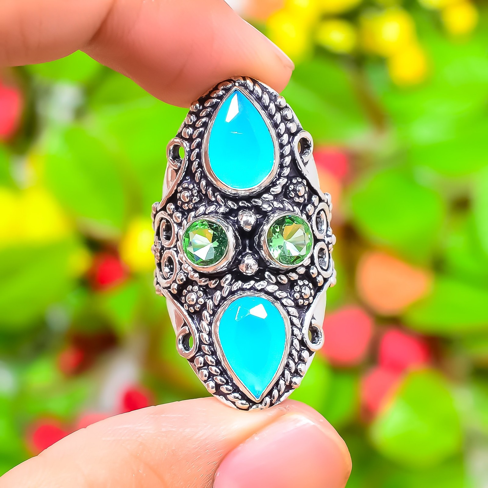 Aqua Chalcedony Gemstone 925 Sterling Silver Gift Jewelry Ring Size 7.5 f198