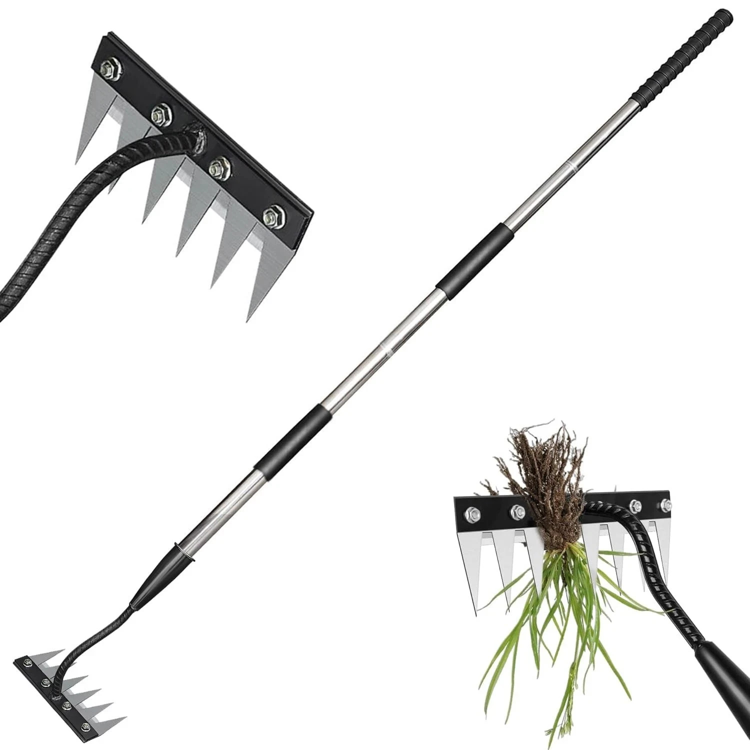 Garden Weeding Rake, Iron Weed Rake with Long Handle(27" - 60"), Heavy Duty 6 Te