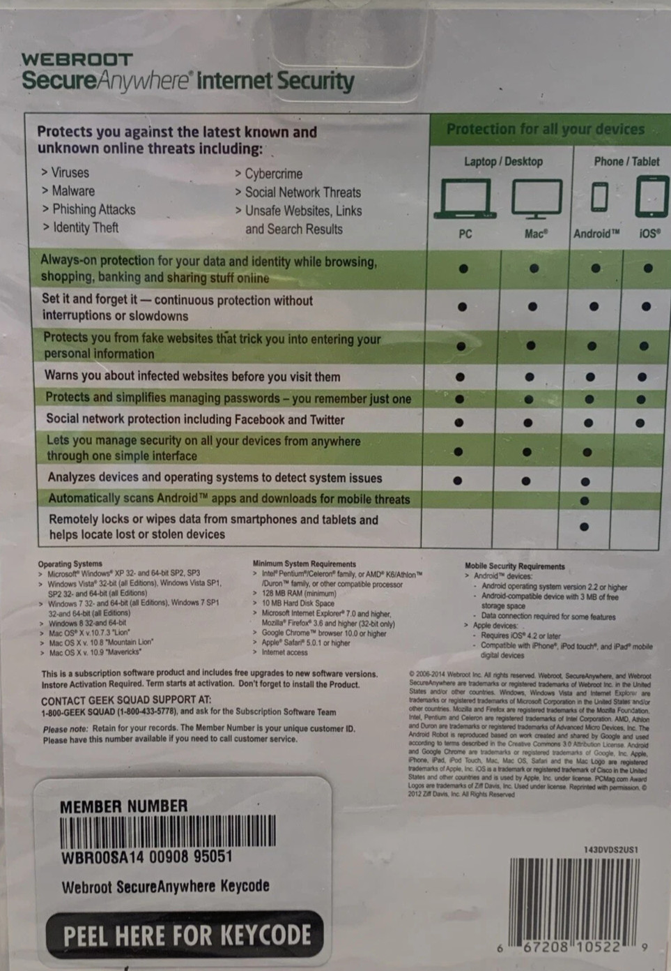 WEBROOT Secure Anywhere Internet Security, 3 Devices Antivirus Mobile PC Mac B19