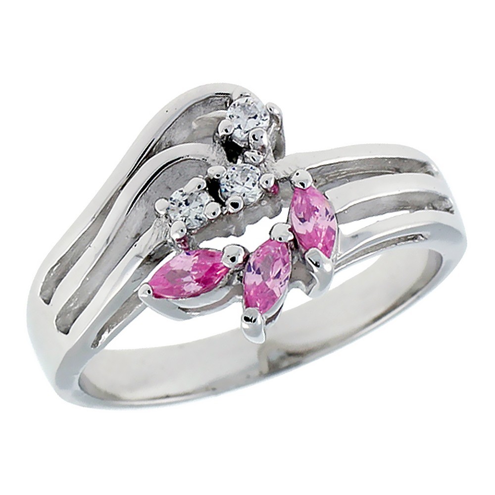 925 Sterling Silver Pink Marquise CZ Ring 15/32 Inch (12mm) Wide, Sizes 6 to 10