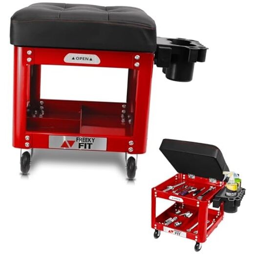 Rolling Creeper Garage Shop Seat for Men, Padded Mechanics Stool with Tool Red