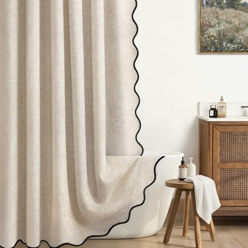 Linen Shower Curtain Cute Black Scalloped Boho Modern 72" W x 72" L Beige