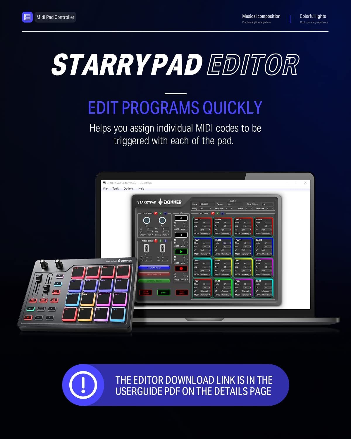 Donner STARRYPAD USB MIDI Pad Beat Maker Drum Machine 2 Assignable Fader Knobs