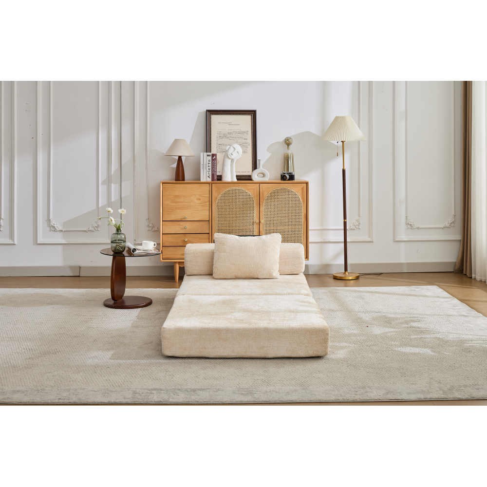 Convertible Folding Sofa Bed, Chenille Fabric Single Seat Sleeper, Beige