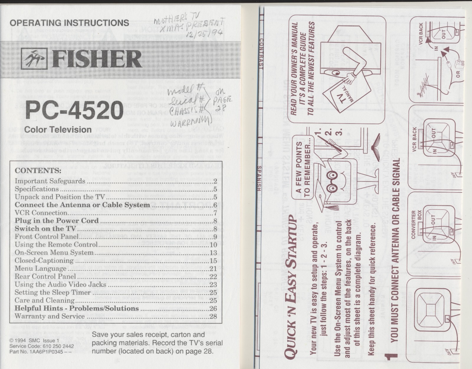 Fisher PC-4520 Color Television Operating Instructions & Quick 'N Easy Startup