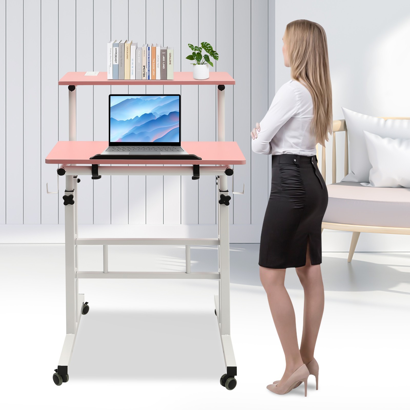 Rolling Laptop Desk Adjustable Height Office Laptop Table Stand up Workstation