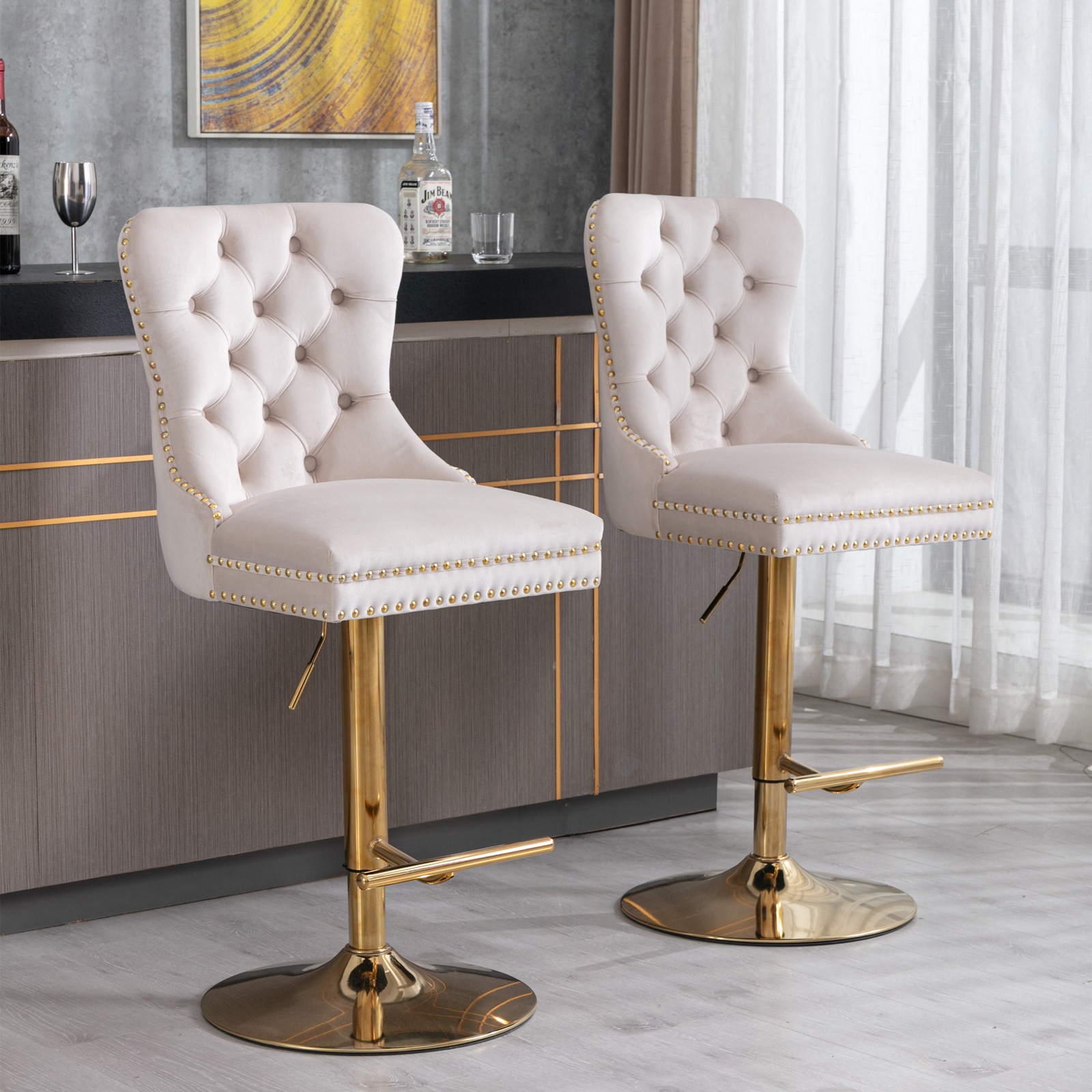 A&A Furniture,Thick Golden Swivel Velvet Barstools Adjusatble Seat Height from