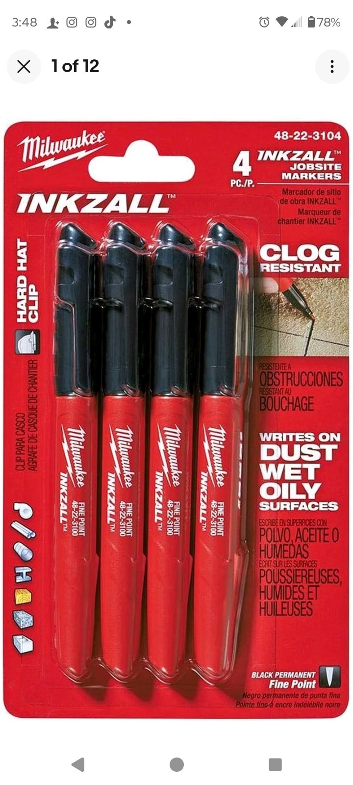 Milwaukee 48-22-3104 Inkzall Point Marker, Fine, Black, 4-Pack