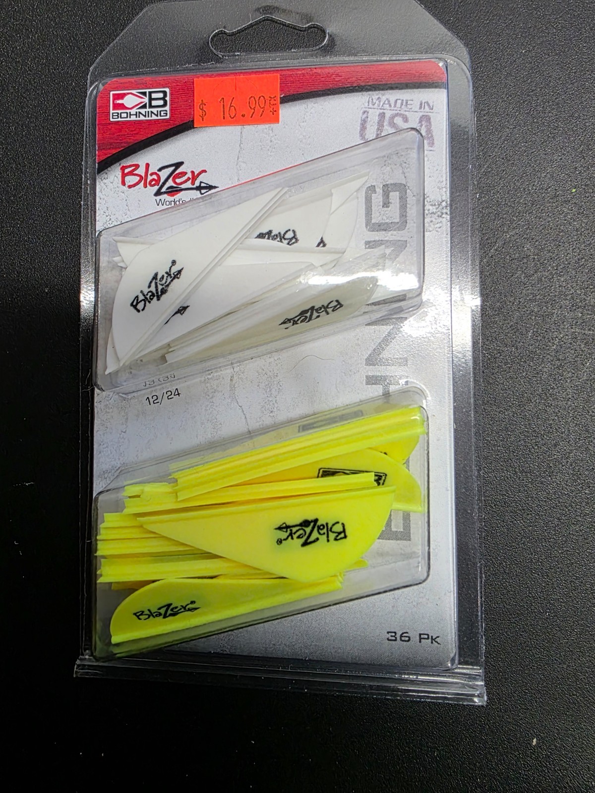 BOHNING 2 INCH BLAZER VANE - 36 PACK - 2 FLO-YELLOW & 1 WHITE W/ VICTORY EASTON