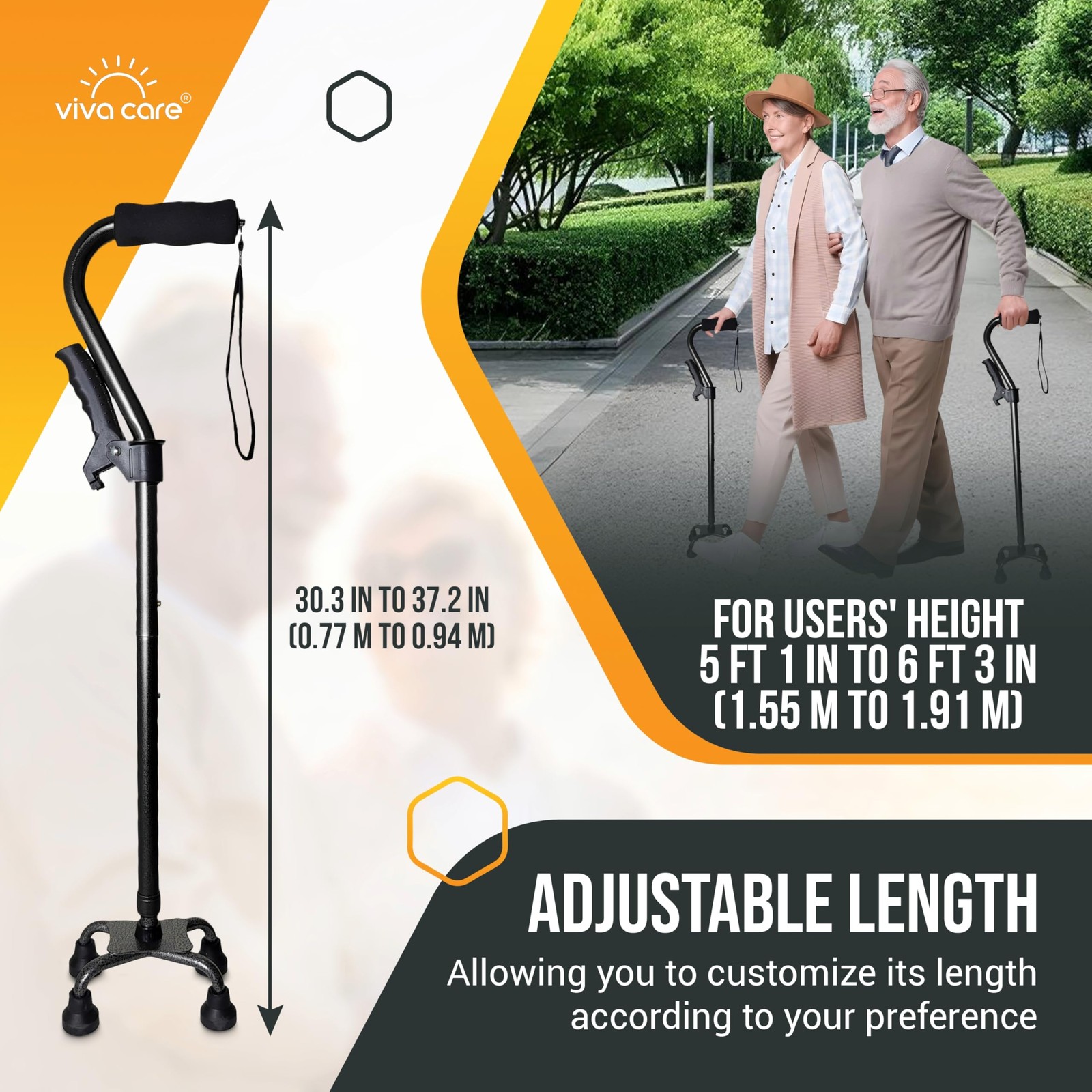 Foldable Adjustable 4 Prong Walking Cane with Extra Side Handle, Adult, Black