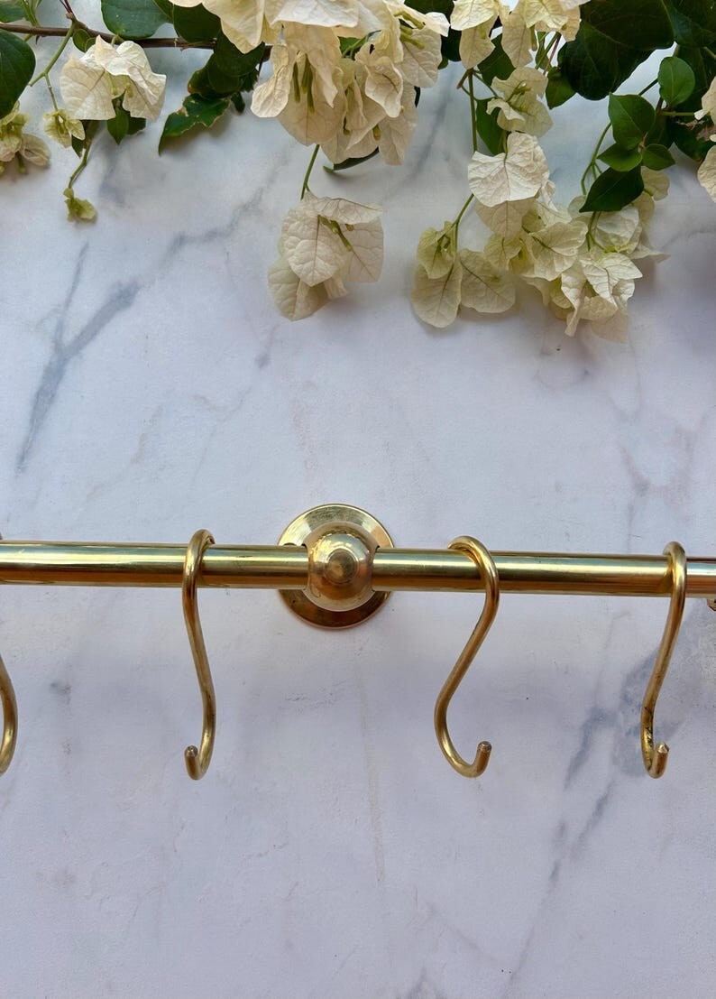 Solid Brass Hanging Pot Rack – Antique Brass Kitchen Rail with Hooks, Wall-Mount