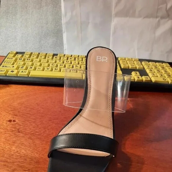 NEW ! BP Naomi Block Clear Strap & Heel Slide Sandals Black Sizes Various