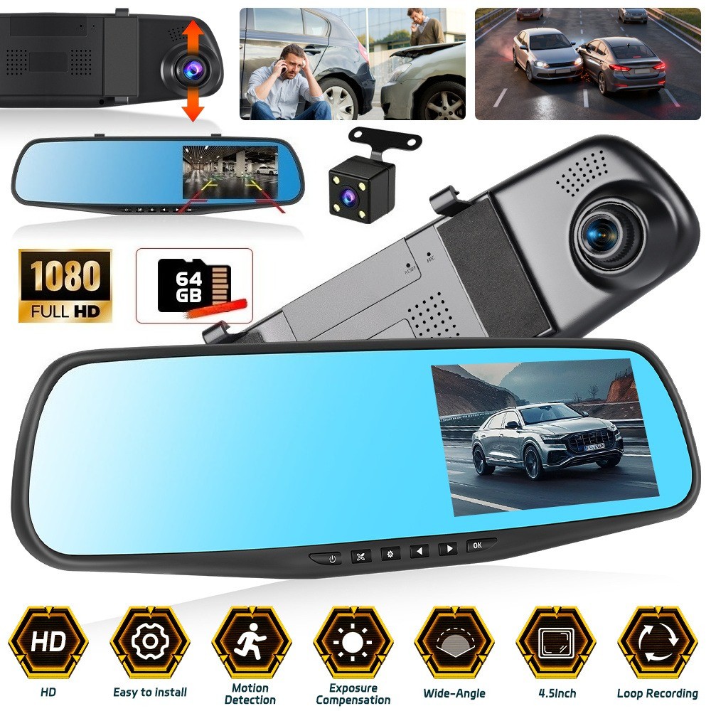 4.5" Mirror Rearview Dash Cam Front Rear Dual Cameras Video Recorder 64GB Card
