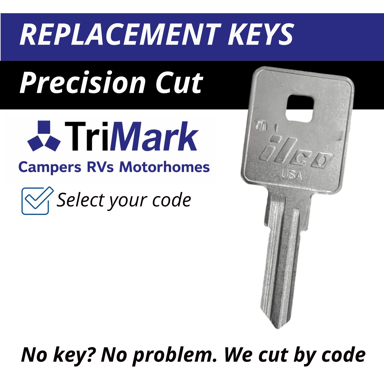 Trimark Keys Camper RV Motorhome Replacement Key Cut to your Code TM101-TM150
