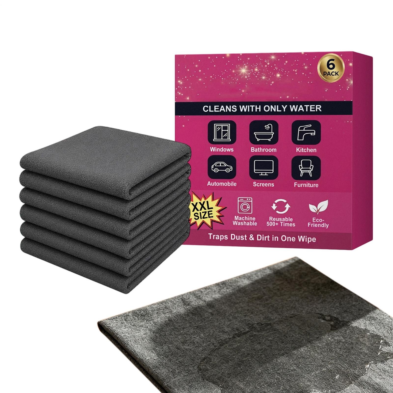 Genie Magic Cleaning Cloth 6-Pack,Microfiber Cleaning Cloths Reusable