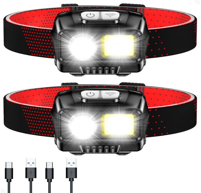 Linterna frontal LED recargable 2000 lúmenes con sensor, IPX5, pack 2