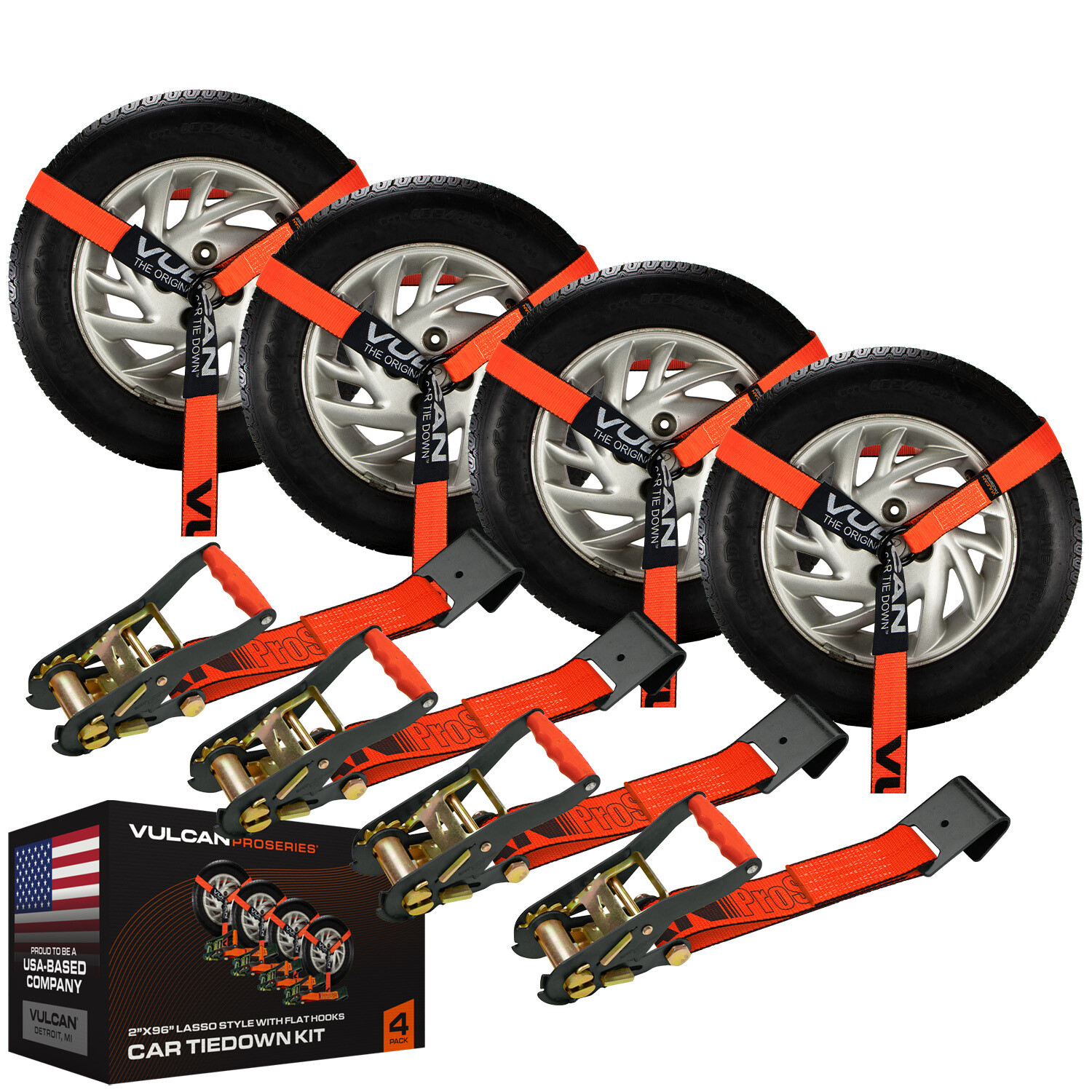 Lasso Car Tie Down - Flat Hooks - 2" x 96", 4 Pack - PROSeries - 3300 lbs SWL