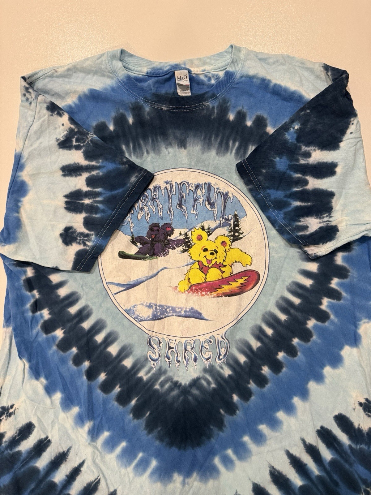 Dancing Bears Grateful Shred Sz XL Tee 100% Cotton Tie Dye Blue Snowboarding