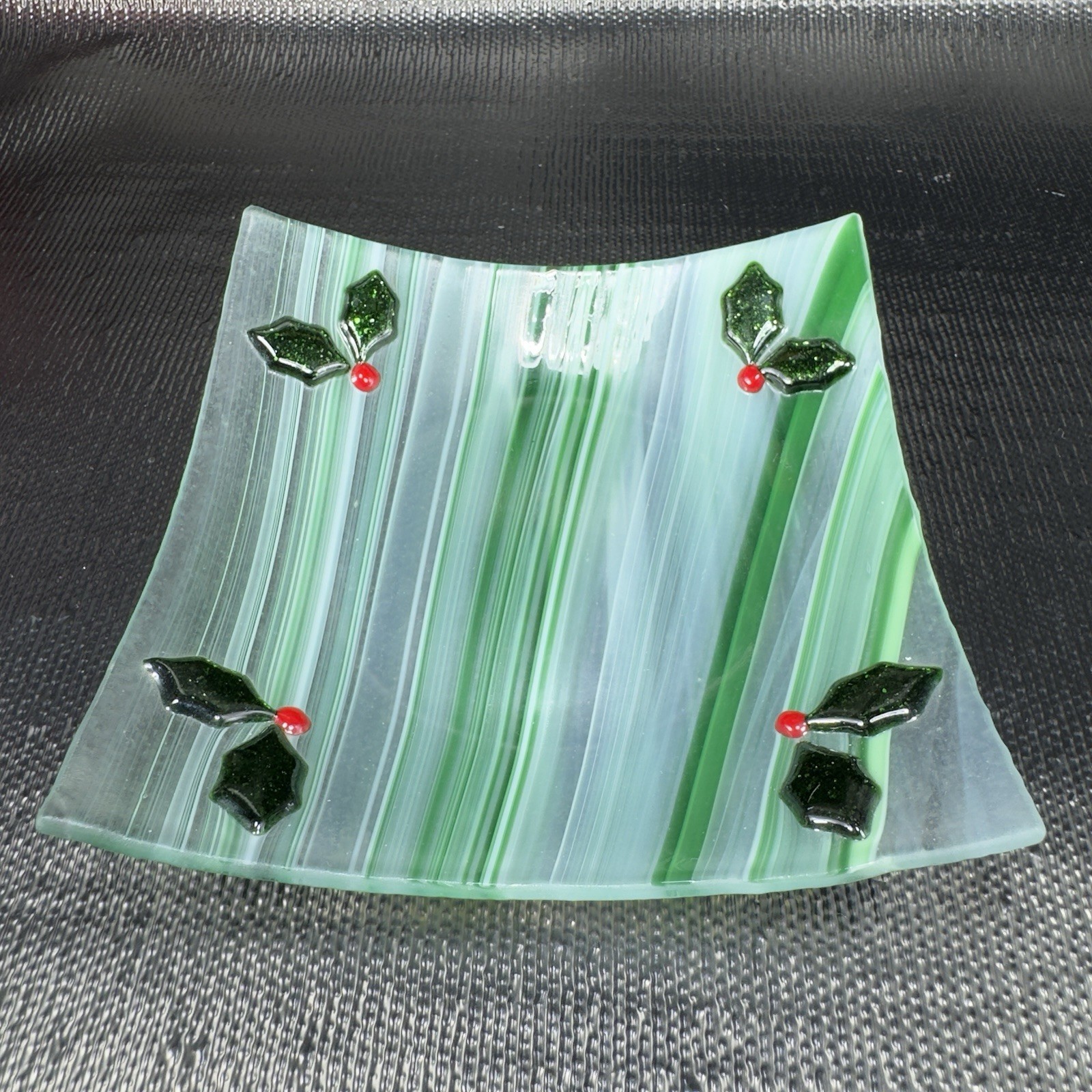 Vintage Fused Art Glass Square Dish Plate White Green Swirl Festive Holiday VTG