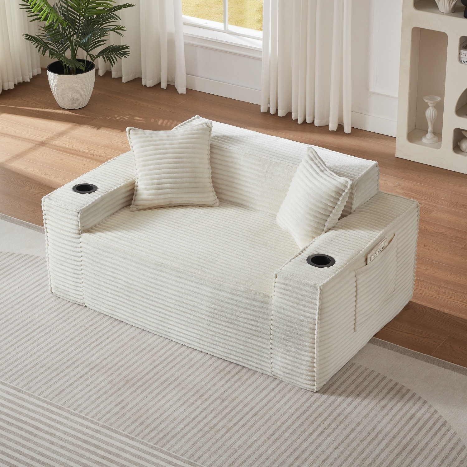 No Assembly Floor Loveseat 2-Seater Corduroy Sofa w/ Cup Holders for Apartments