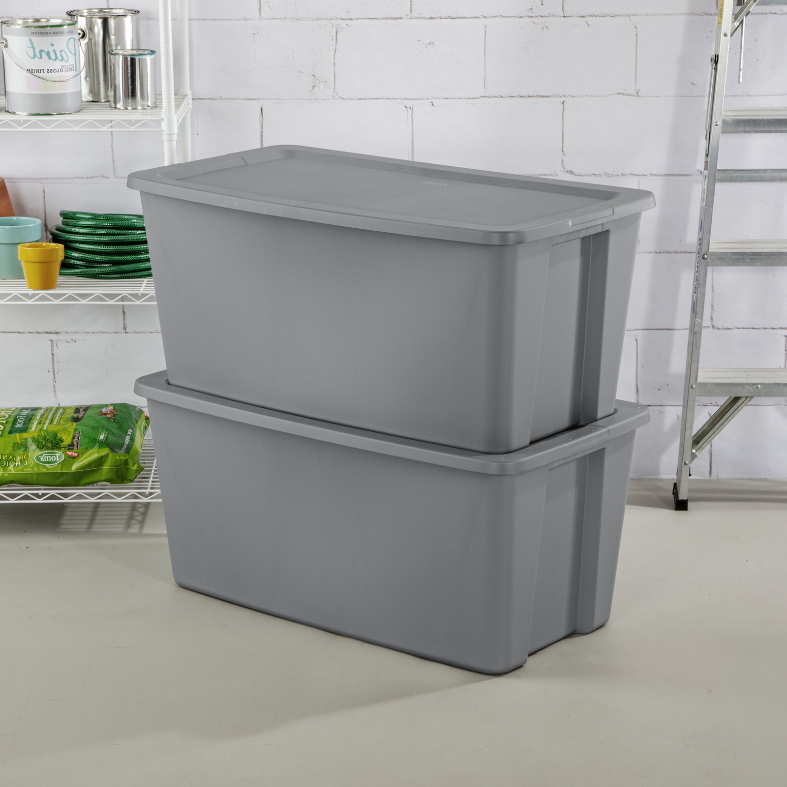 50 Gallon Tote, Plastic Storage Bin with Snap-on Lid, Gray