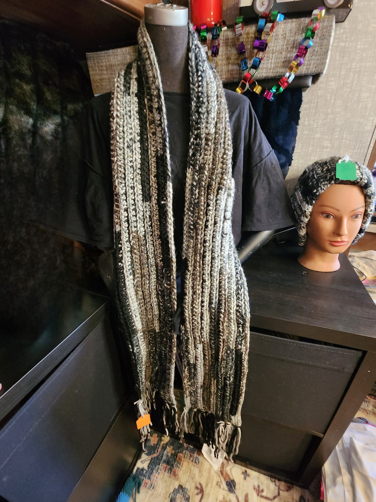 Crocheted Blacks And Grays Super Chunky Long Scarf With Ribbed Beanie Hat Set