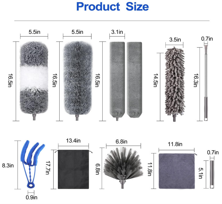 11PCS Microfiber Duster Kit with 30-100in Pole, Washable for Ceiling & Furnitue
