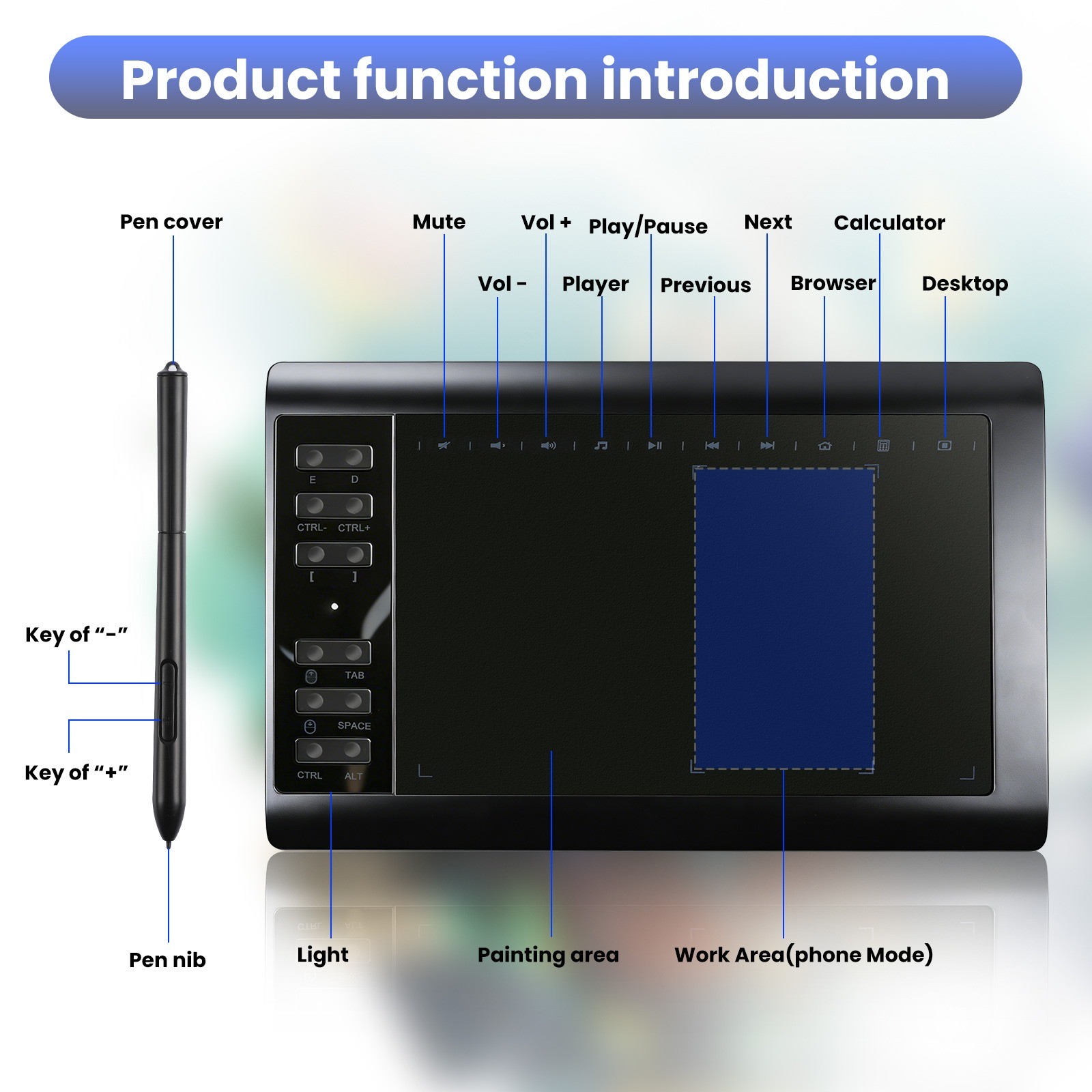 Graphics Drawing Tablet with Battery-Free Pen - 10x6Inch Area for PC/Mac/Android