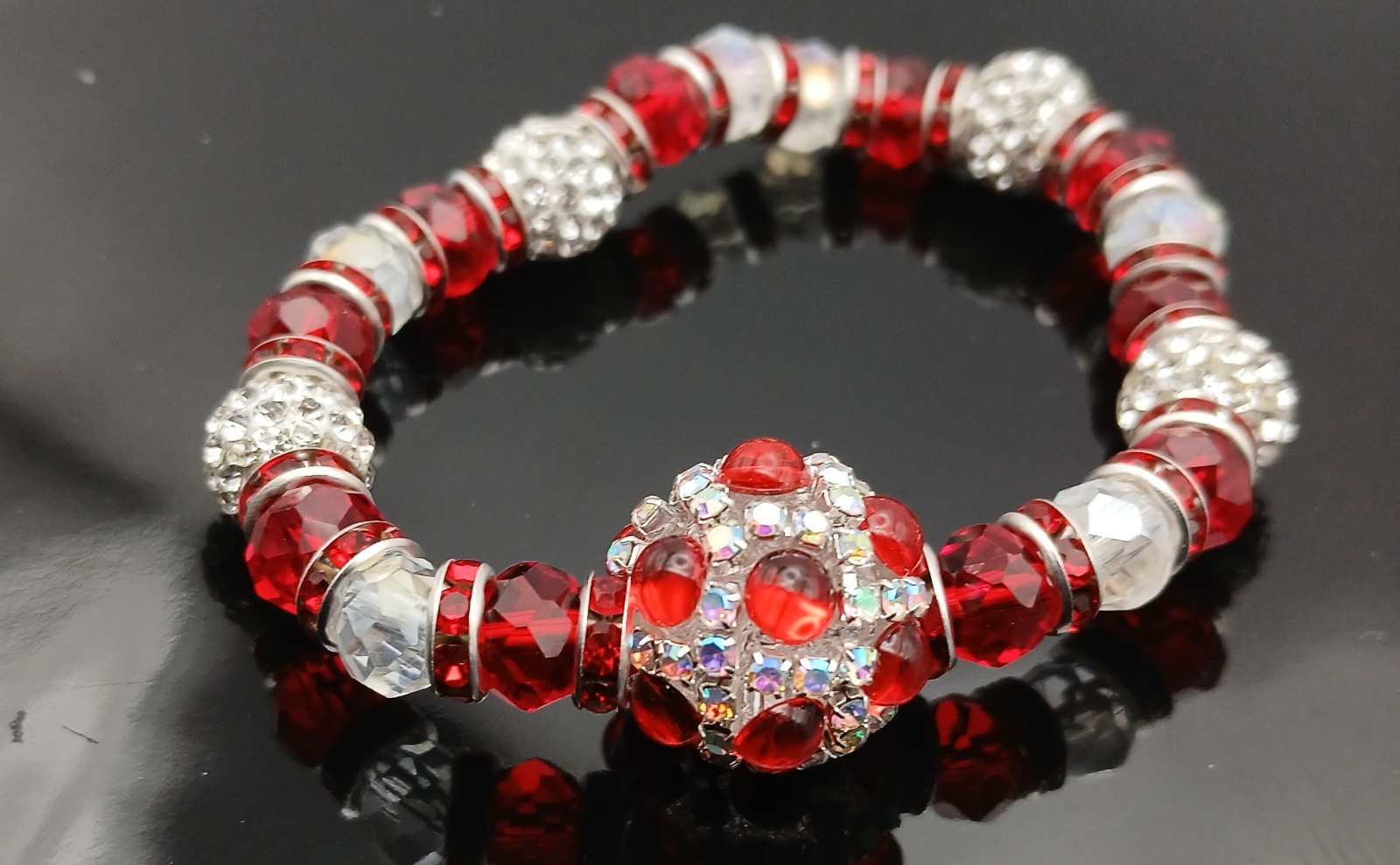 Holiday Bling! Gorgeous Red Crystal Clear Crystal & Rhinestone Beaded Bracelet