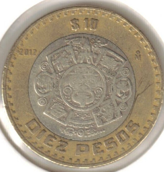 2012 Mexico 10 Pesos Circulated Bi-color Metal Sun Stone Coin!
