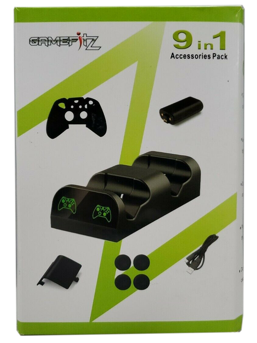 GameFitz 9 in 1 Accessories Pack for Xbox One Black Dual Charging Dock [LN]™