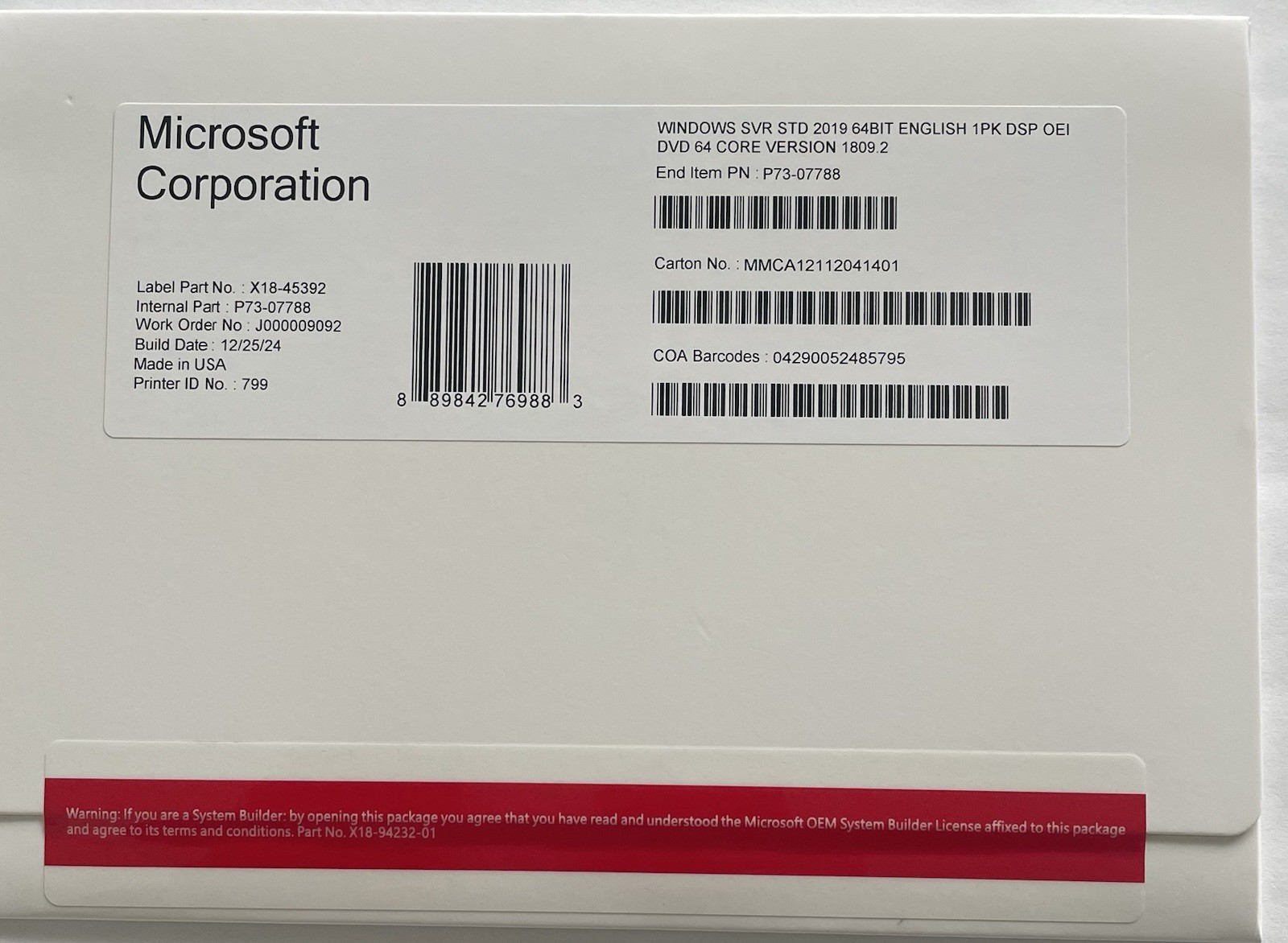 Microsoft Windows Server 2019 Standard 64BIT 64 CORE DVD+Activation Key (New)