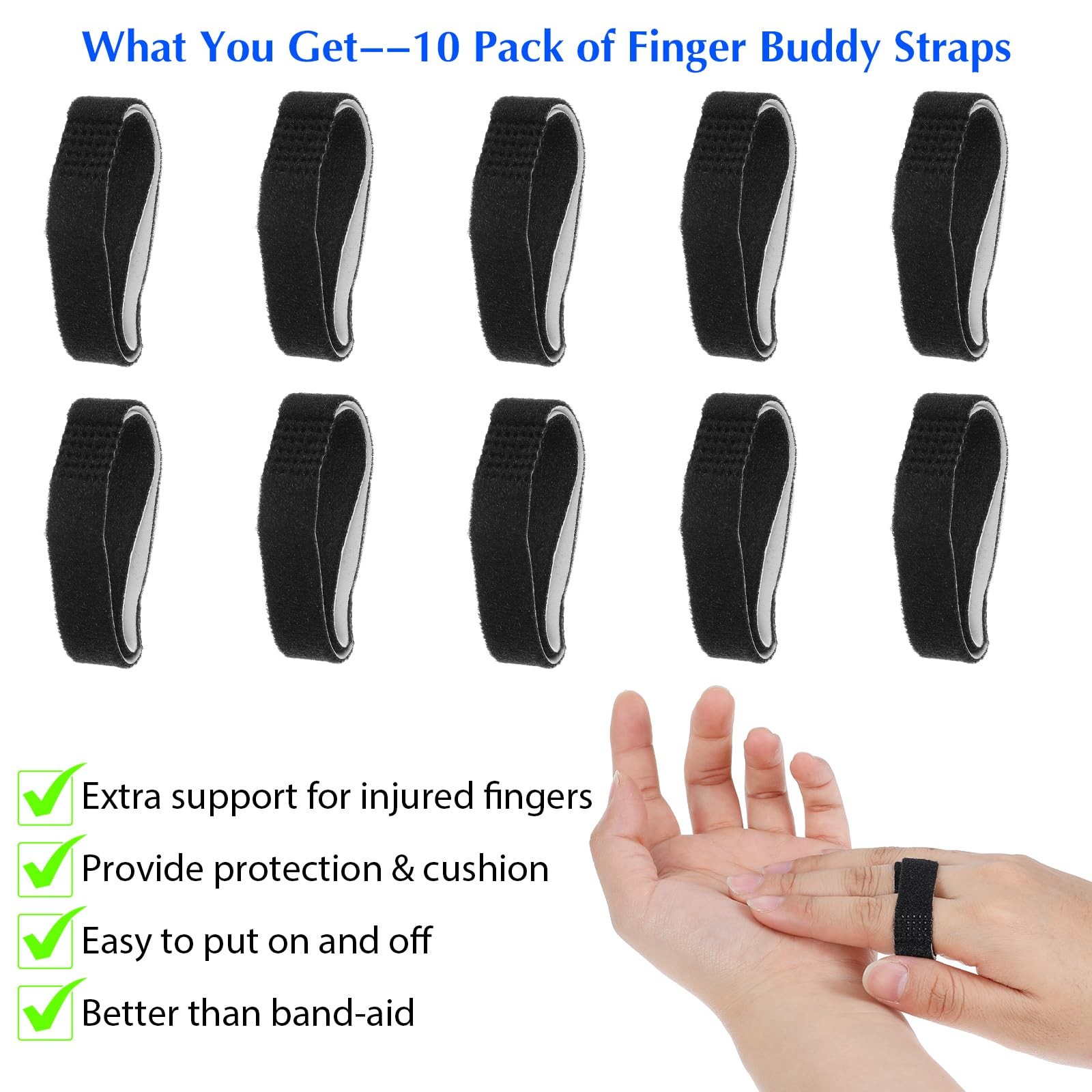 10 Pack Hook and Loop Finger Wrap, Washable and Reusable Buddy Straps for Finger