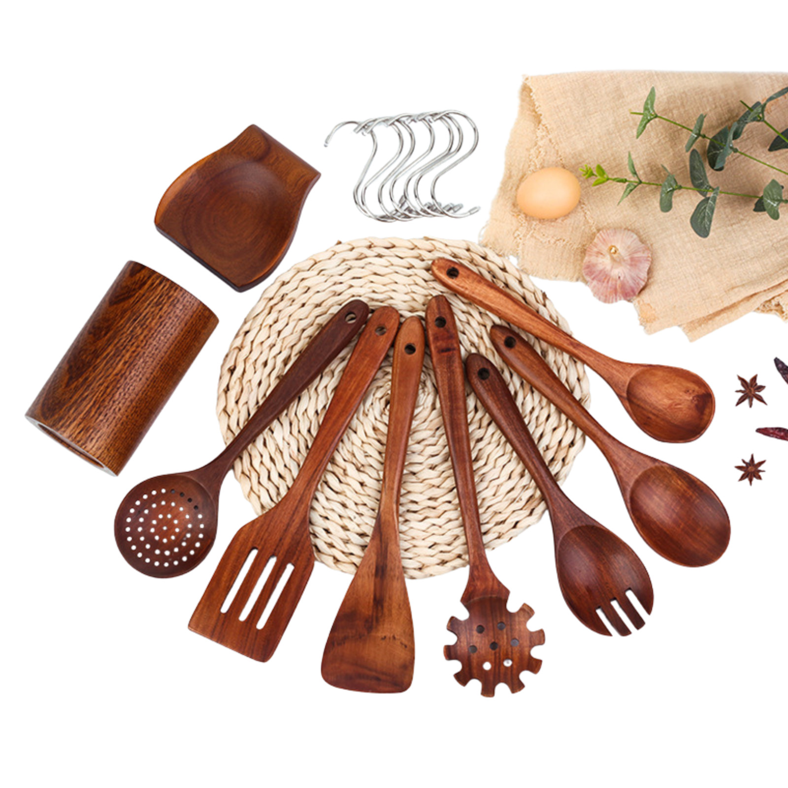 10-Piece Wooden Utensil Set – Teak & Acacia with Holder & Spoon Rest