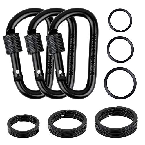 Locking Carabiner D Ring Clips with Flat Key Ring 3 Carabiner with 9 Keyrings