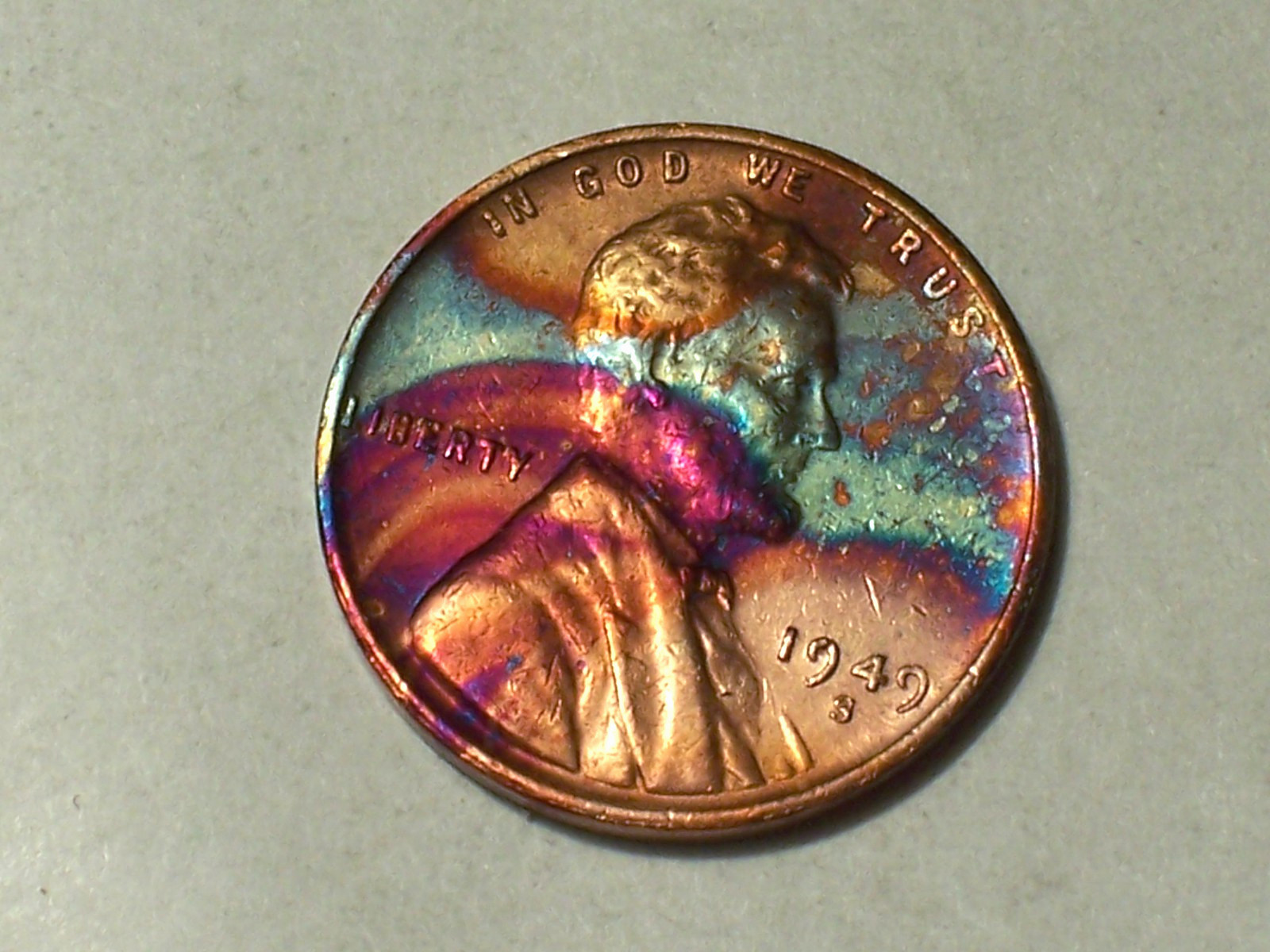 1949-S @   Monster"   Rainbow colors on this old Lincoln Wheat Penny.!! 347