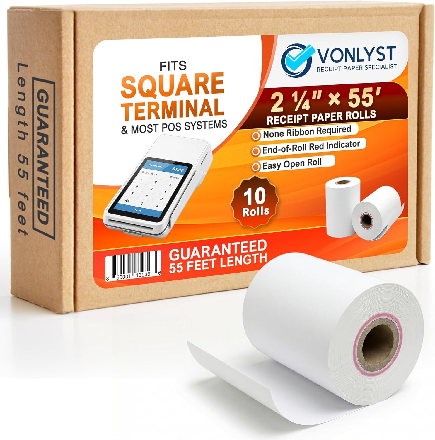 10 Pack Thermal Receipt Paper Rolls 2 1/4" x 55' for Square Terminal POS Printer