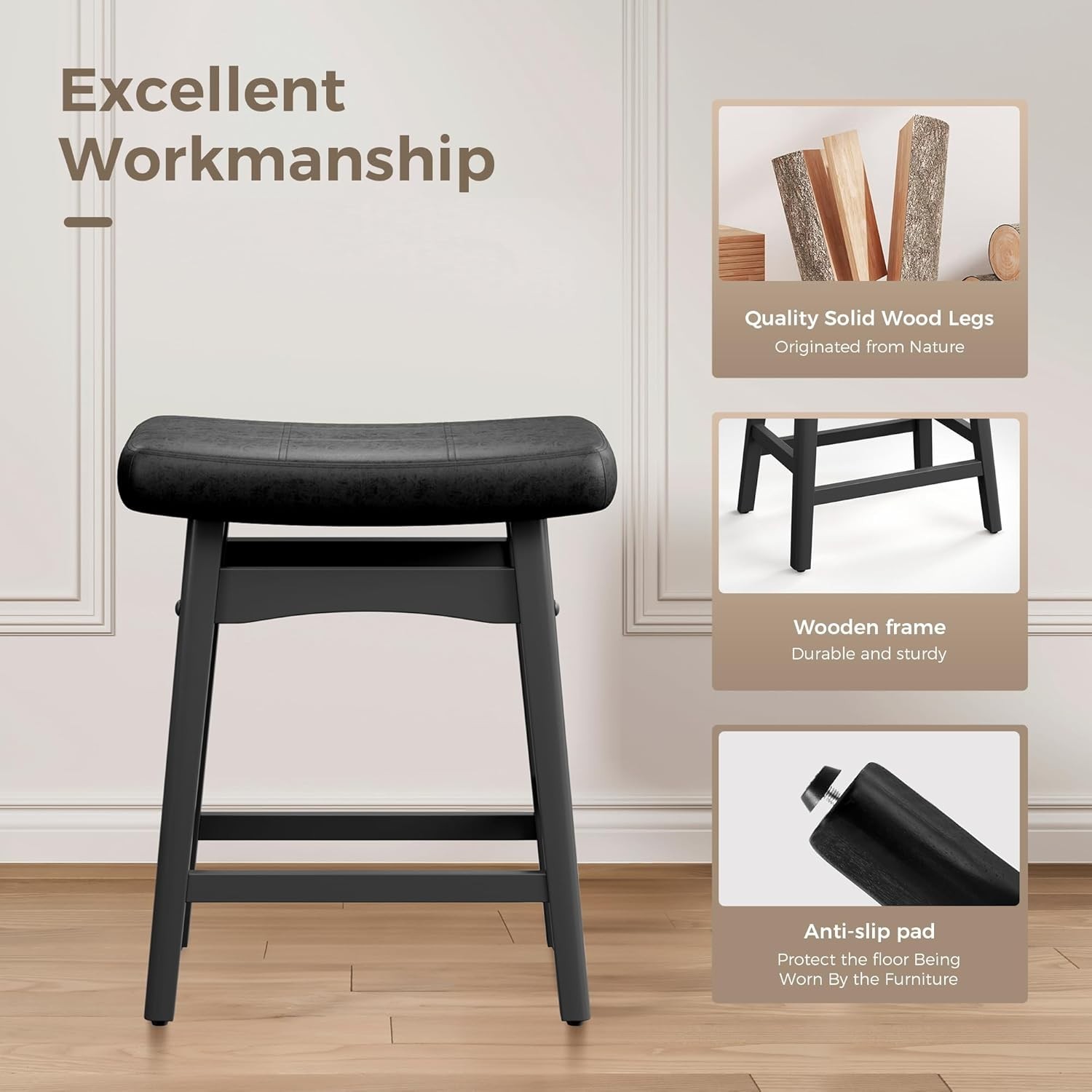 Saddle Bar Stools Kitchen Counter Height Dining Pub Chairs with Solid Wood Leg