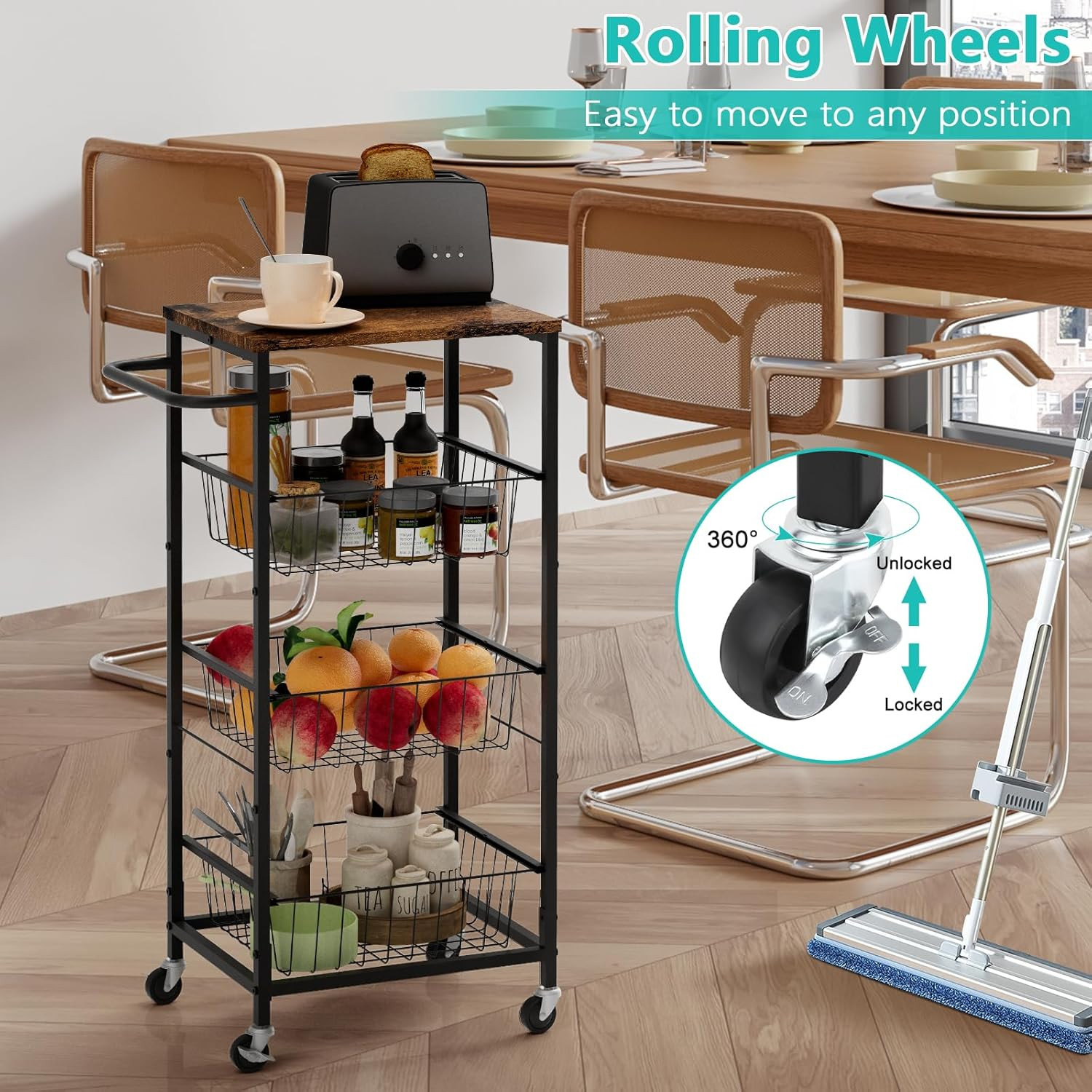 4 Tier Kitchen Storage Cart, Snack Rack Cart with Pull-Out Fruit Baskets, Mobile