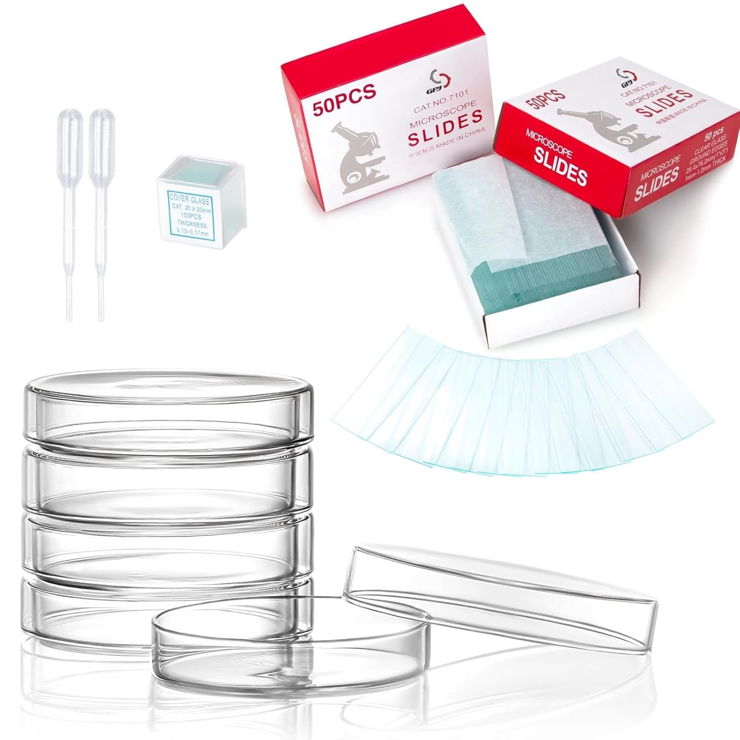 Sterile Plastic Petri Dishes Set, 50 Pcs Blank Microscope Slides, 100 Pcs 20x...