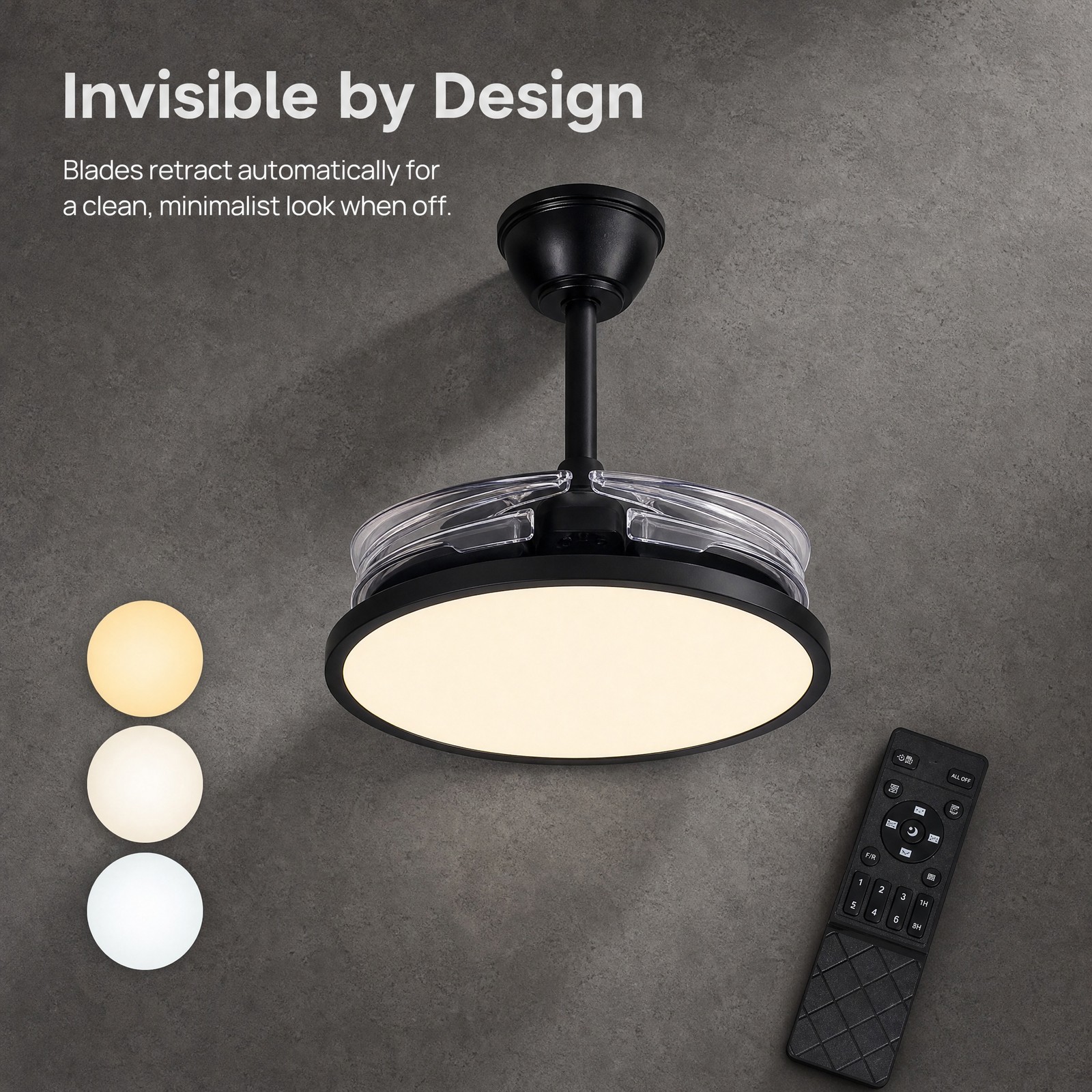 42 inch Black Low Profile Retractable LED Ceiling Fan Remote Control with Light