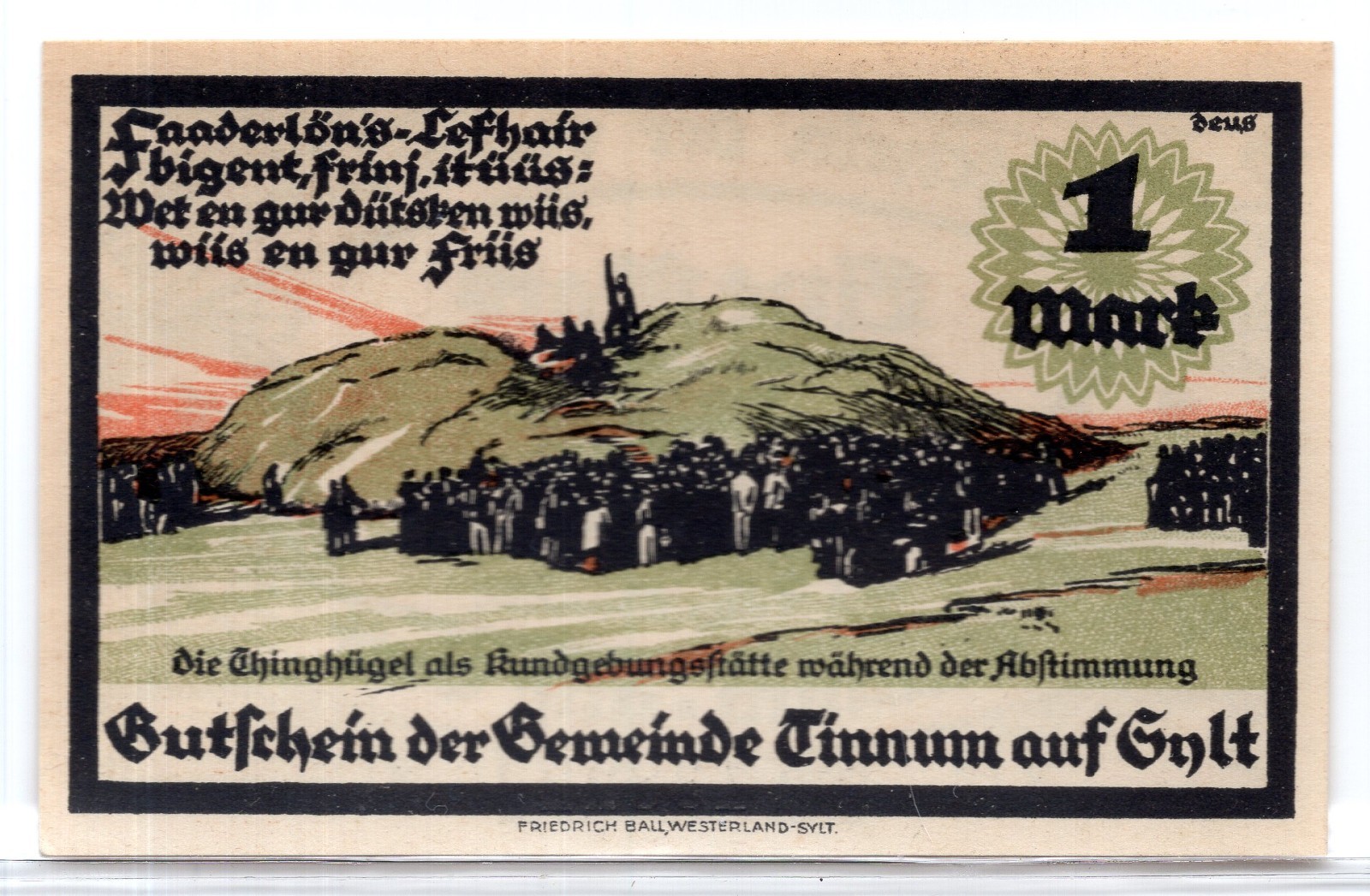 1921 Germany Tinnum Notgeld 1 Mark Note (3743)