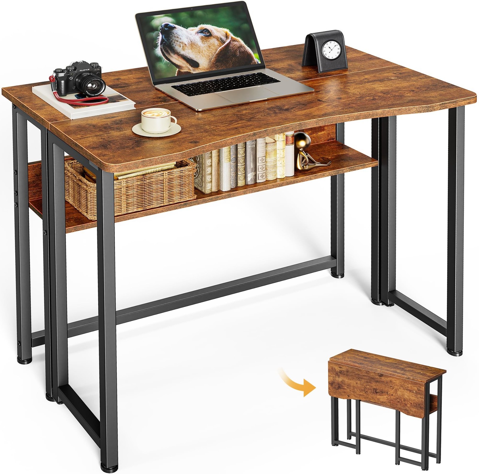 Huuger Folding Desk with Storage Shelf, 31.5 Inch Foldable Computer Table for...