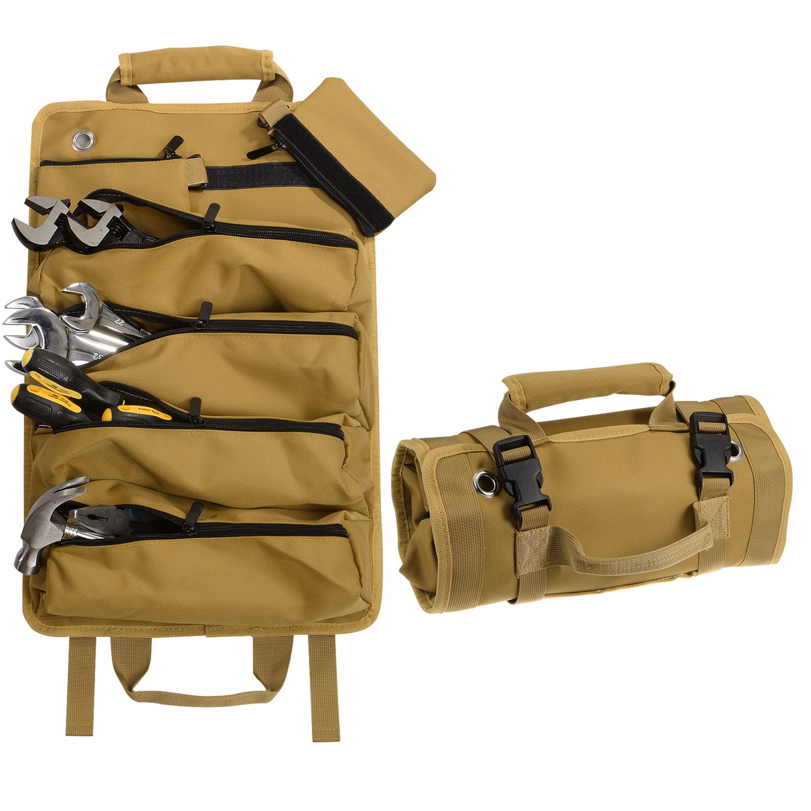 Roll Up Tool Bag 19" x 16" Detachable Pouches Multipurpose Storage Organizer