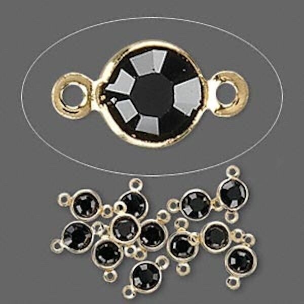12 Gold Plated Brass 4.0-4.1mm Links with Swarovski Jet Black Crystals *