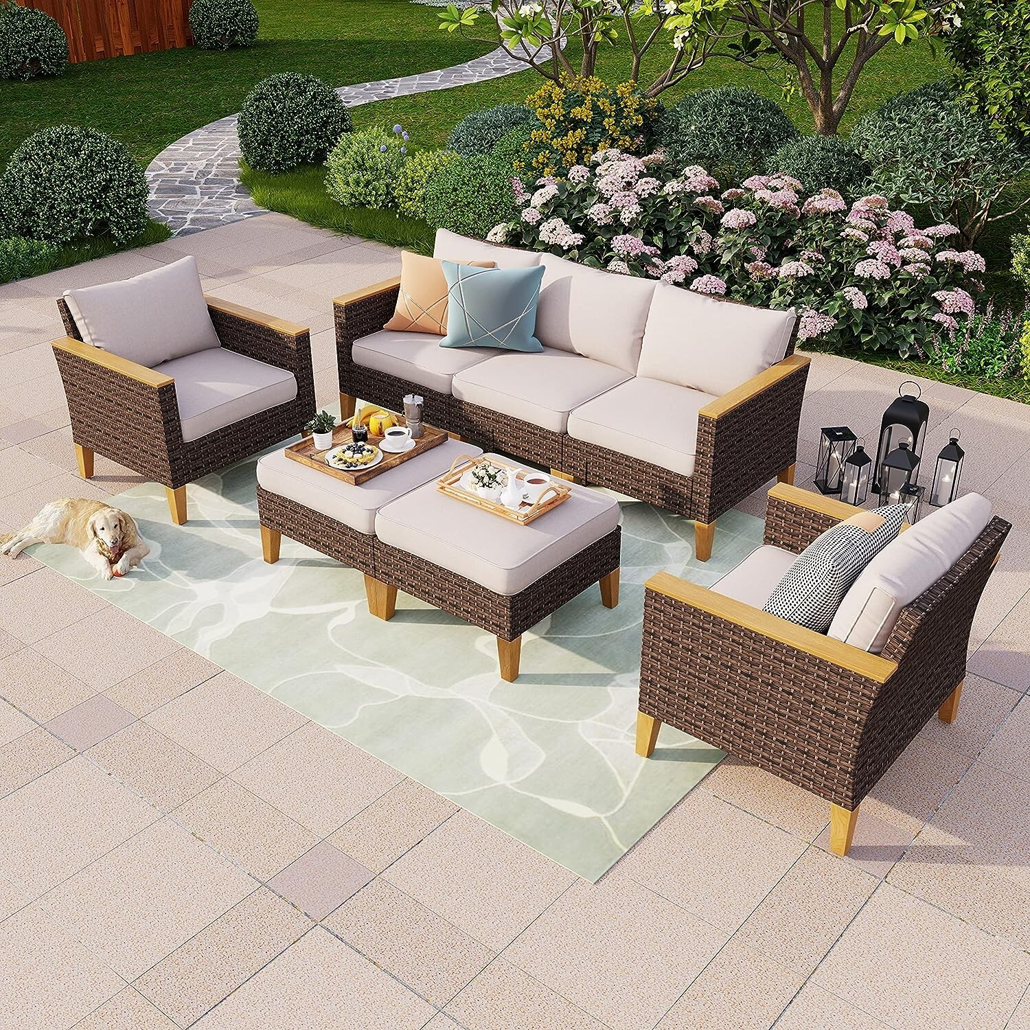 Outdoor Wicker Patio Furniture Sectional Sofa Set Cushion Sofa 2 x Ottoman,Beige