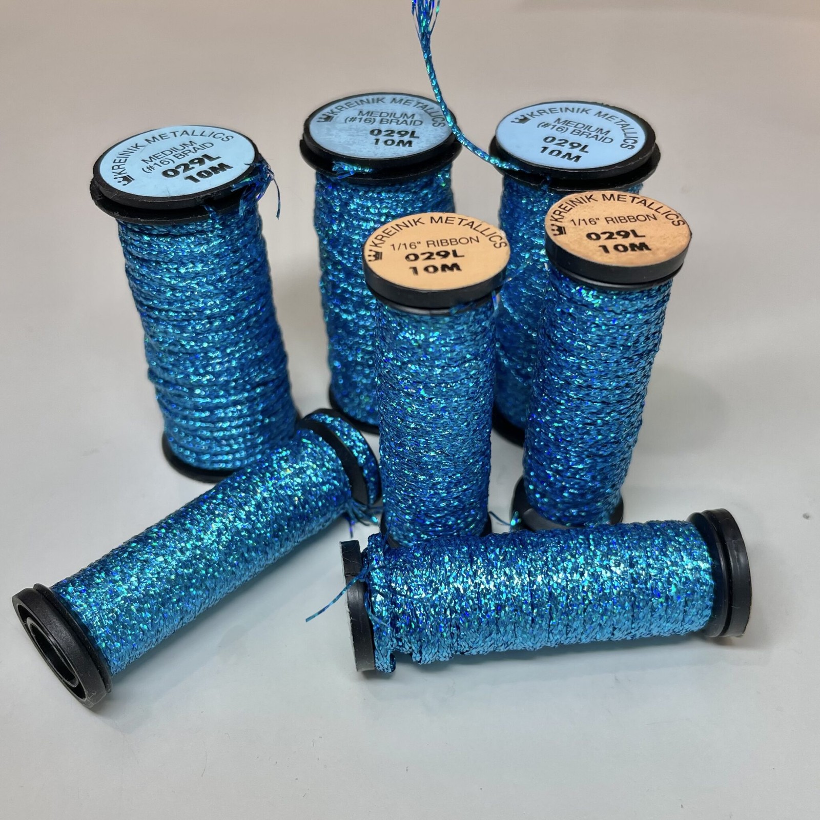 Kreinik Lot A 3 #16 braid and 4 1/16th ribbon of 029L Turquoise Aqua Holographic